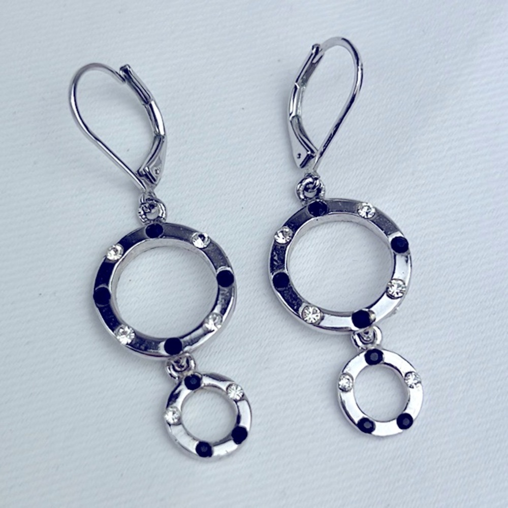 Dangle Earrings Silver Black Rhinestones Crystals Circles French Lobster Clasps